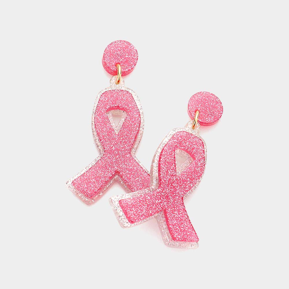 Madeline Love Pink Glittered Resin Pink Ribbon Dangle Earrings