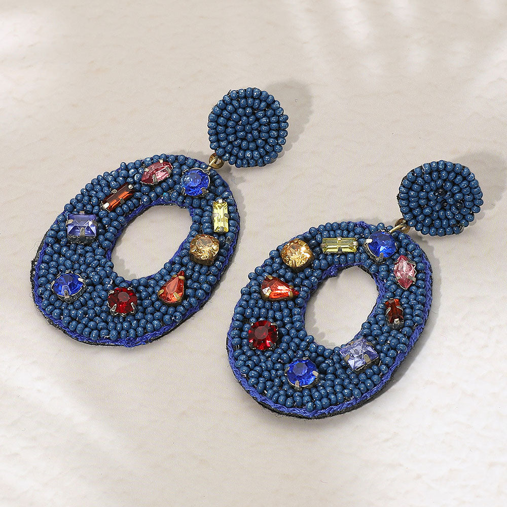 Madeline Love Gold, Navy Multi Stone Embellished Seed Beaded Cutout Oval Dangle Earrings
