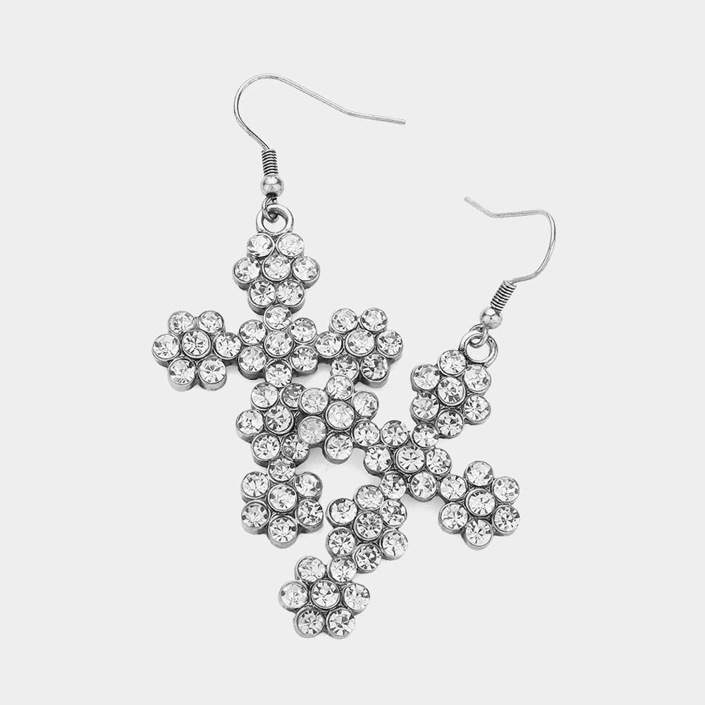 Madeline Love Clear, Silver Burnished Stone Paved Flower Cross Dangle Earrings