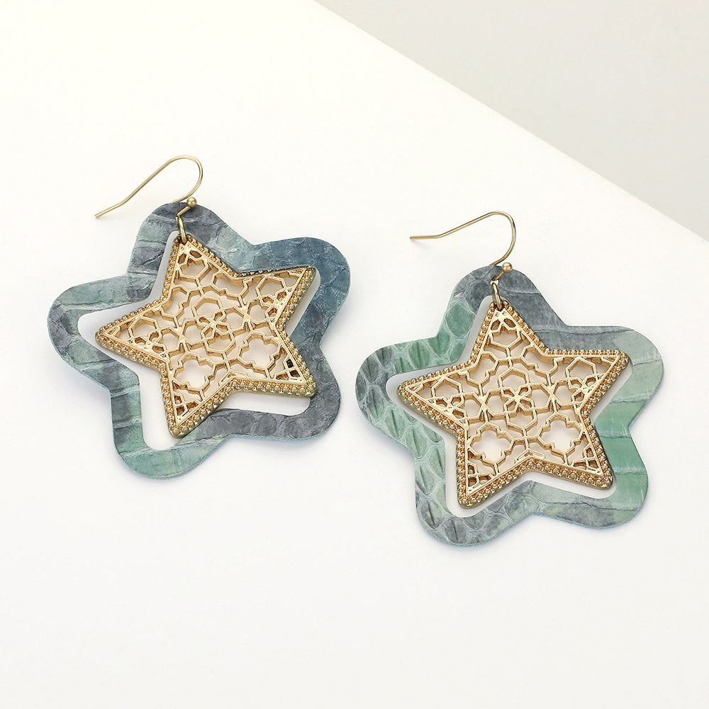 Madeline Love Blue Faux Leather Moroccan Filigree Star Dangle Earrings