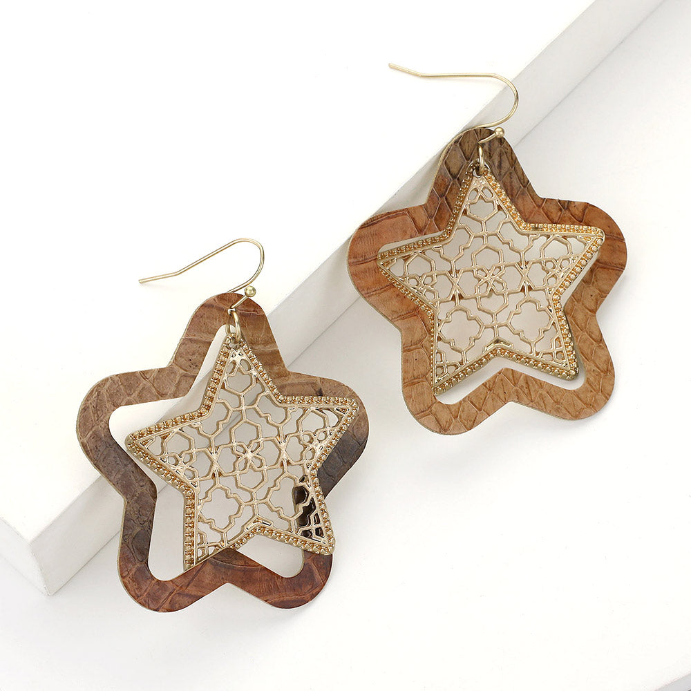 Madeline Love Brown Faux Leather Moroccan Filigree Star Dangle Earrings