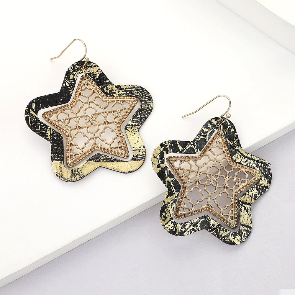 Madeline Love Black, Gold Faux Leather Moroccan Filigree Star Dangle Earrings