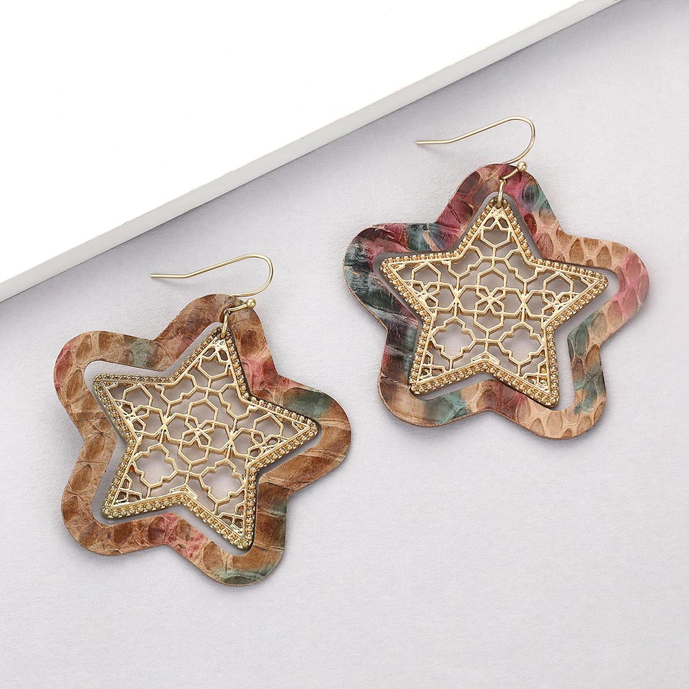 Madeline Love Multi Faux Leather Moroccan Filigree Star Dangle Earrings