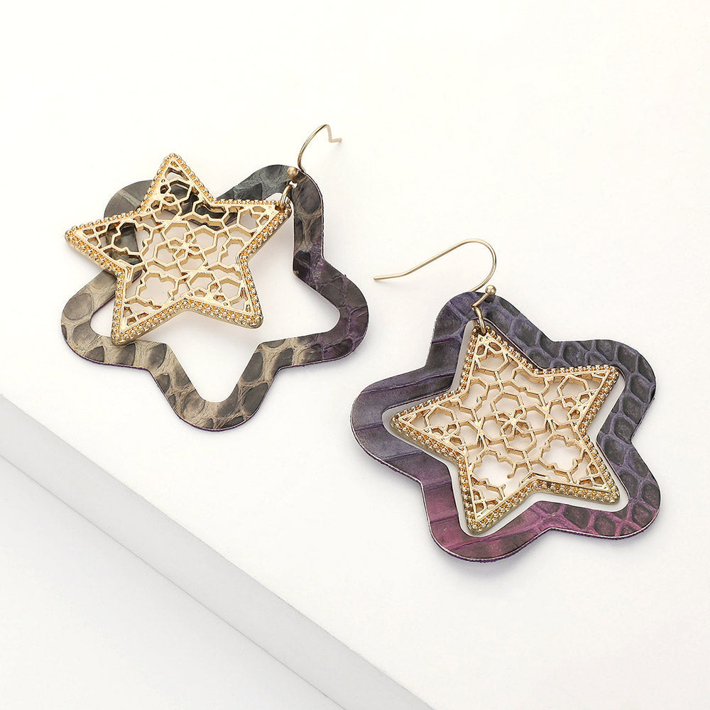 Madeline Love Purple Faux Leather Moroccan Filigree Star Dangle Earrings