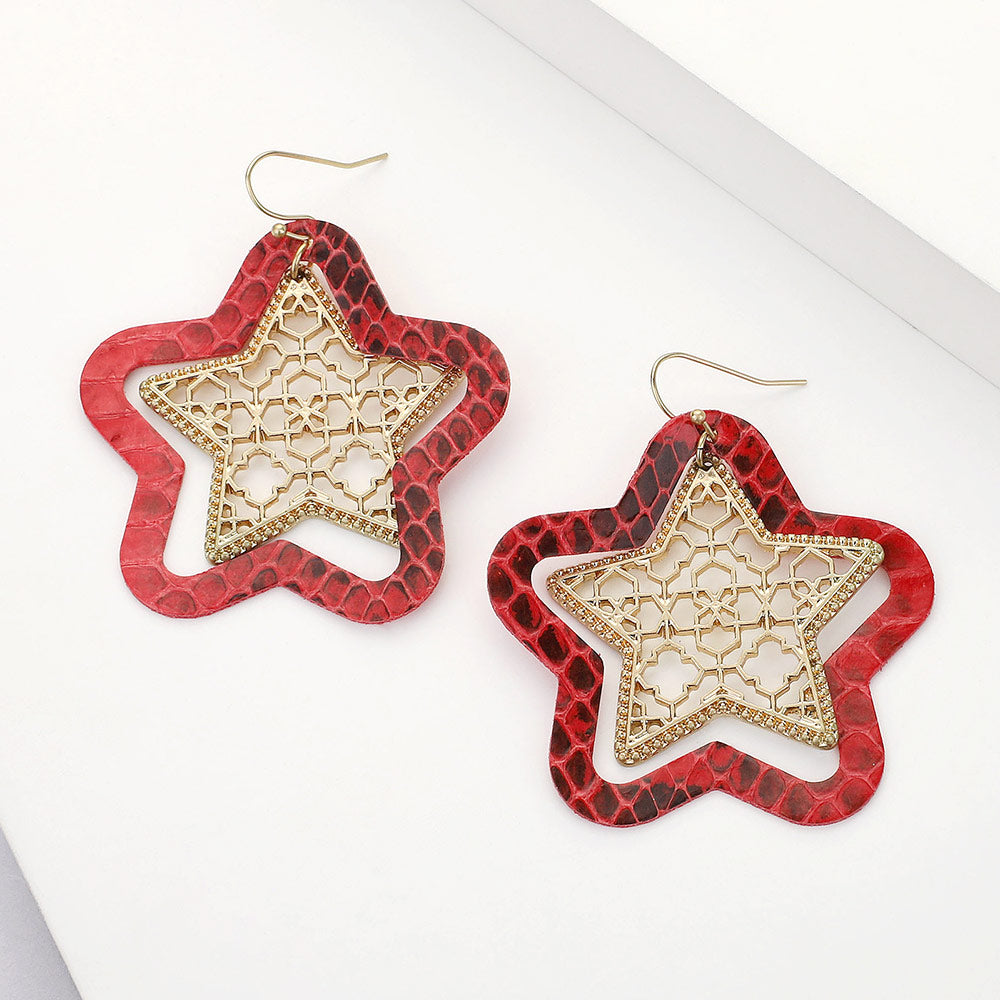 Madeline Love Red Faux Leather Moroccan Filigree Star Dangle Earrings