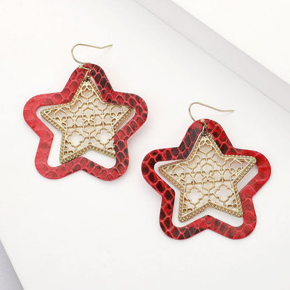 Madeline Love Red Faux Leather Moroccan Filigree Star Dangle Earrings
