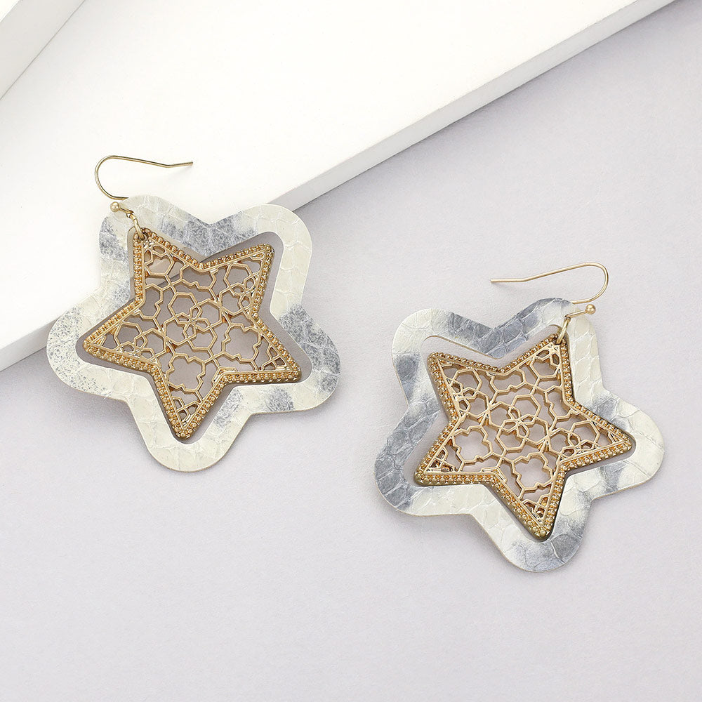 Madeline Love White Faux Leather Moroccan Filigree Star Dangle Earrings