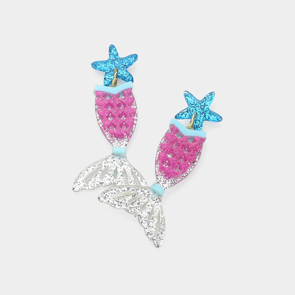 Gold, Multi Glittered Resin Starfish Mermaid Tail Dangle Earrings
