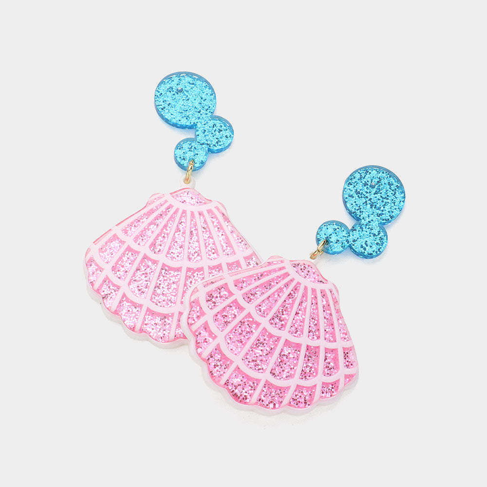 Gold, Pink Glittered Resin Sea Shell Dangle Earrings