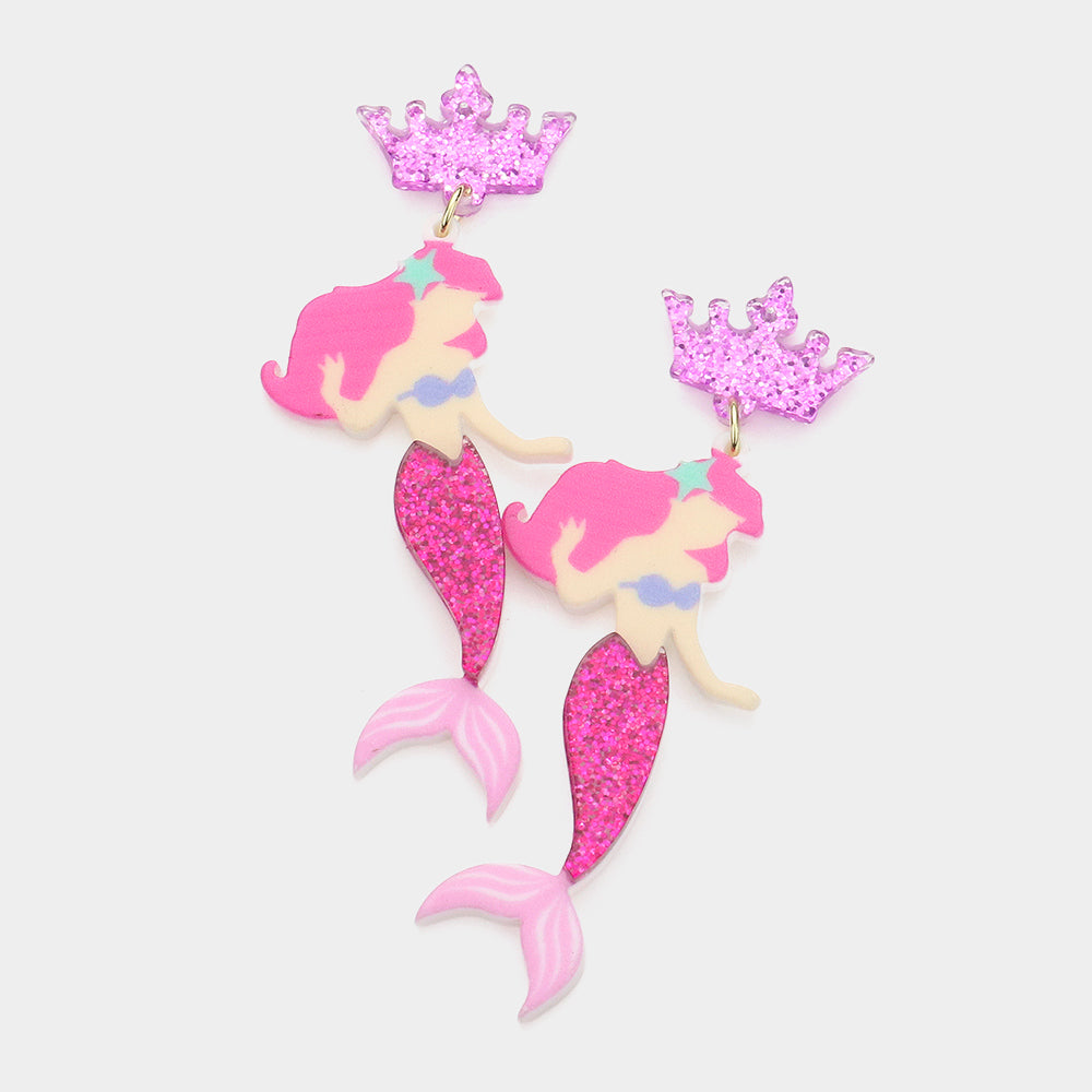 Pink Glittered Resin Crown Mermaid Link Dangle Earrings