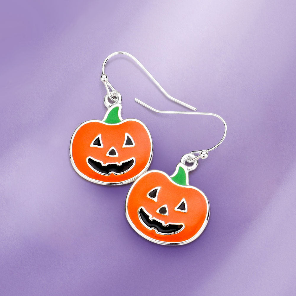 Multi, Silver Enamel Pumpkin Dangle Earrings