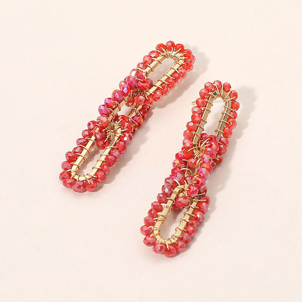 Madeline Love Red Faceted Bead Wrapped Triple Open Metal Oval Link Dangle Earrings