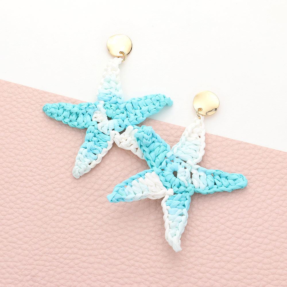 Madeline Love Aqua Woven Raffia Starfish Dangle Earrings
