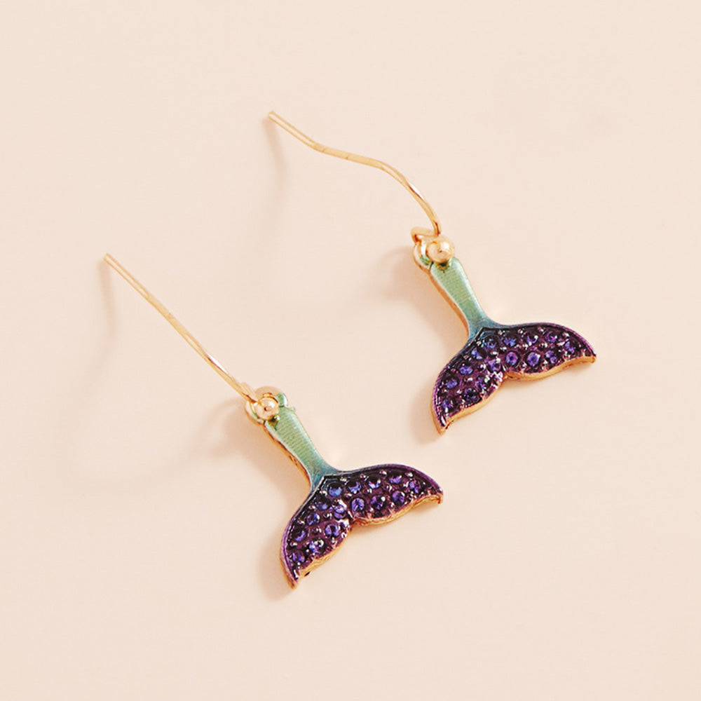 Gold, Multi Stone Paved Colored Metal Whale Tale Dangle Earrings