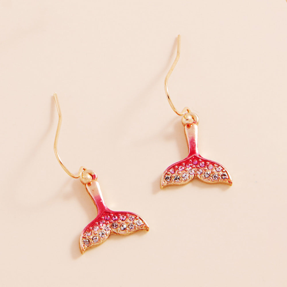 Gold, Pink Stone Paved Colored Metal Whale Tale Dangle Earrings