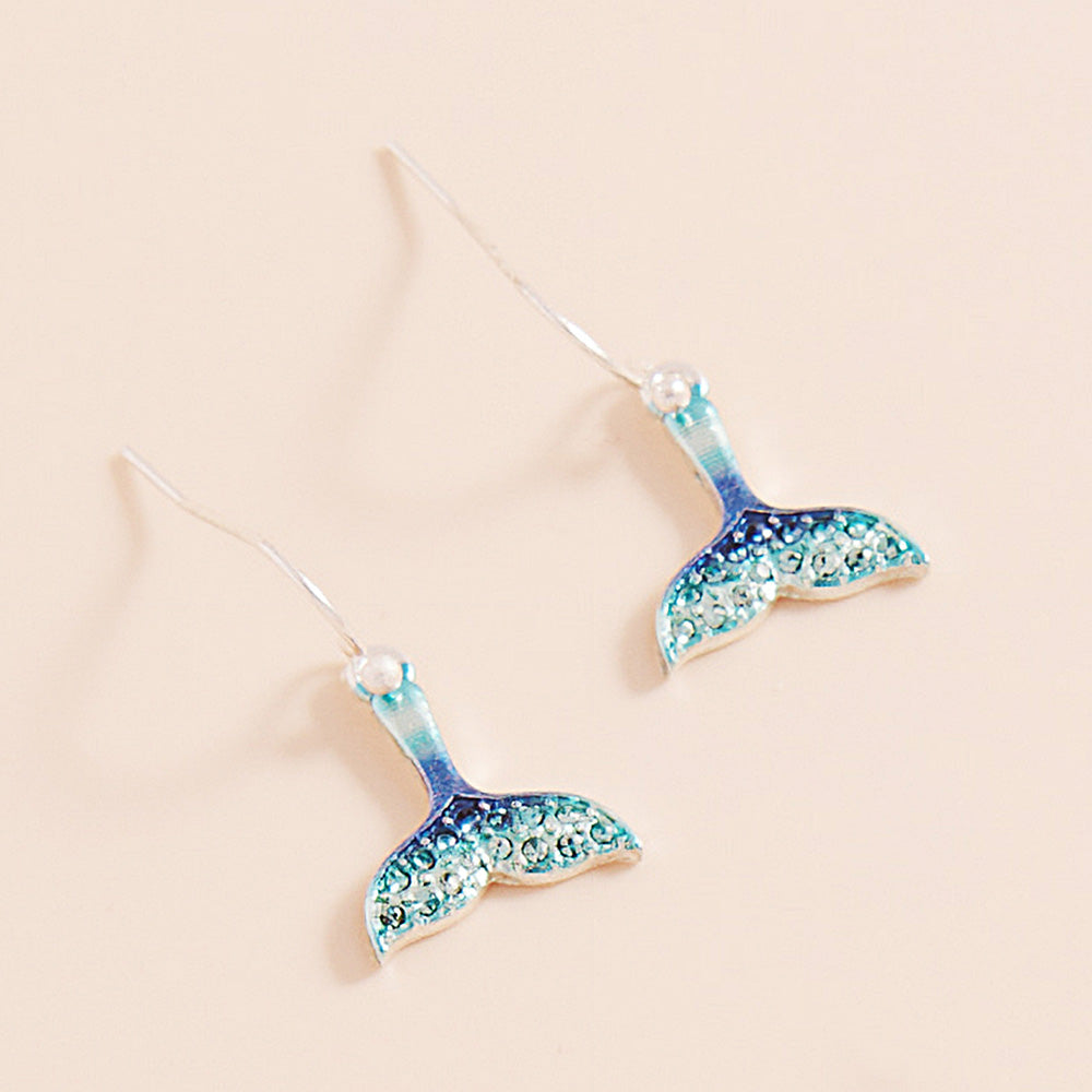 Blue, Silver Stone Paved Colored Metal Whale Tale Dangle Earrings