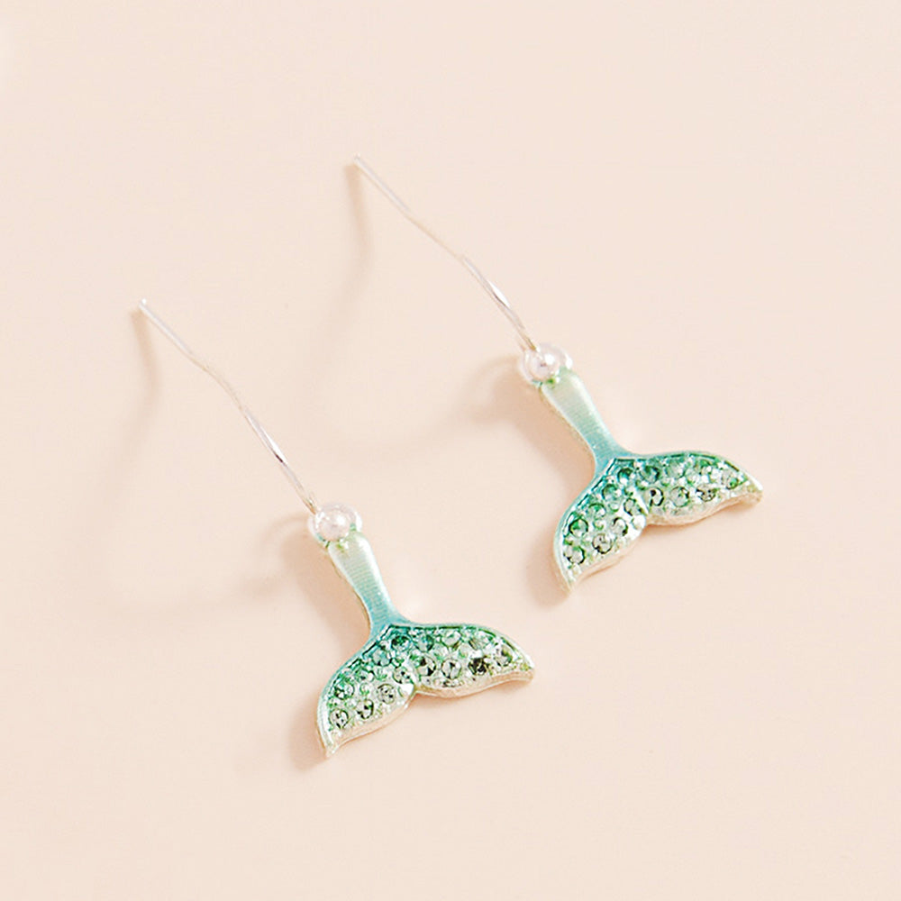 Mint, Silver Stone Paved Colored Metal Whale Tale Dangle Earrings