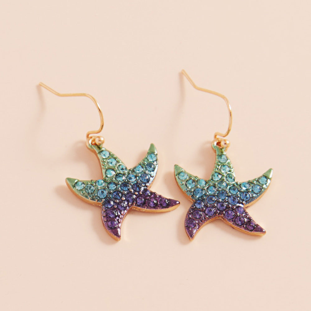Gold, Multi Stone Paved Colored Metal Starfish Dangle Earrings