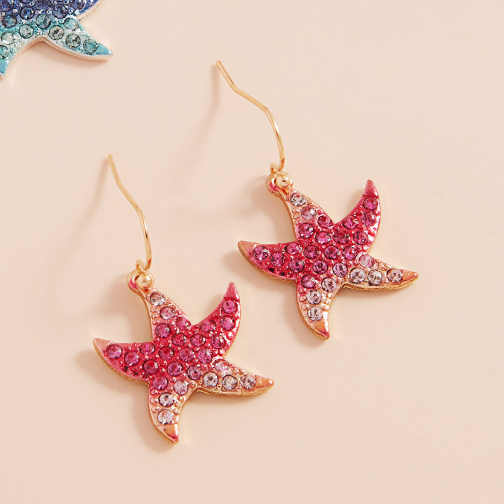 Gold, Pink Stone Paved Colored Metal Starfish Dangle Earrings