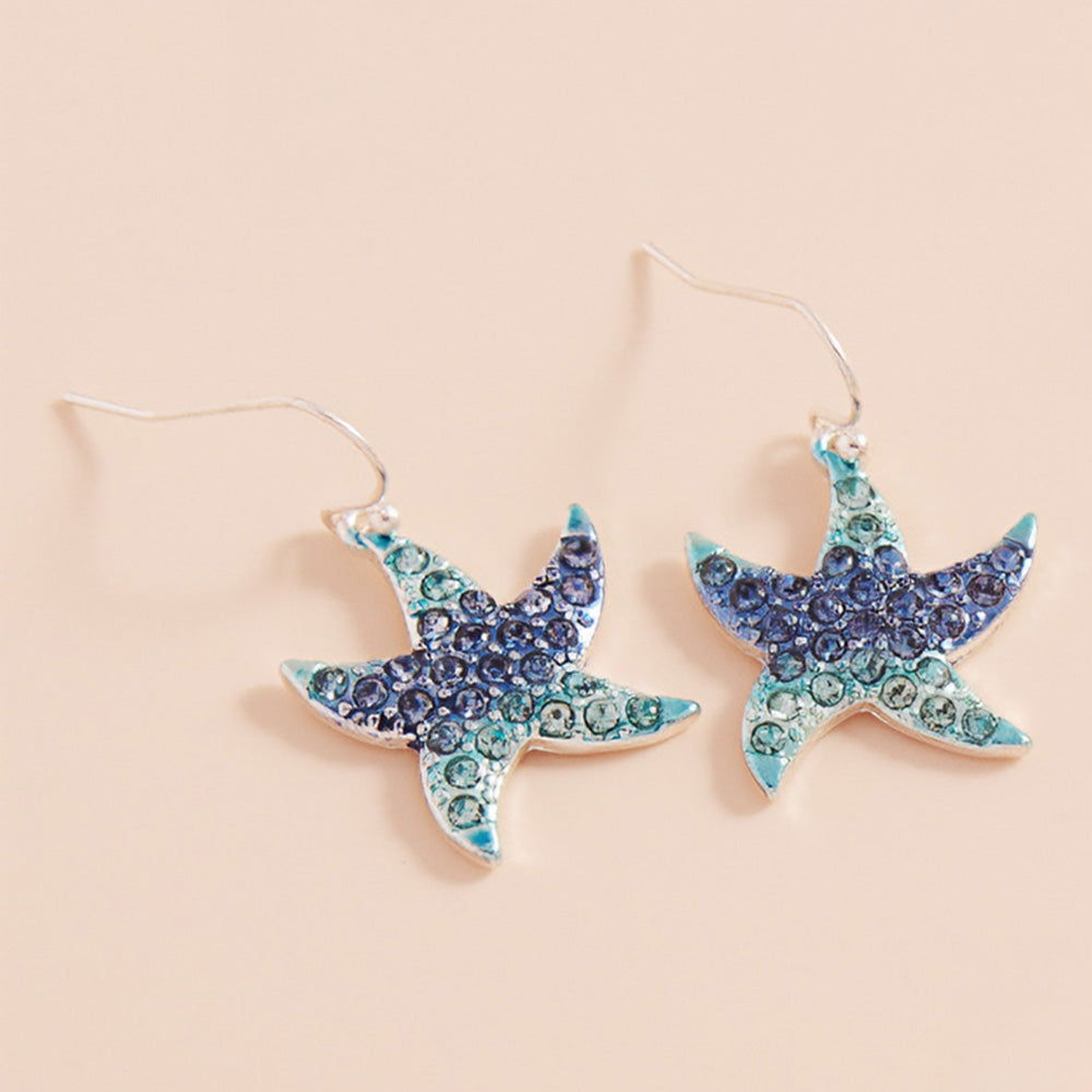 Blue, Silver Stone Paved Colored Metal Starfish Dangle Earrings