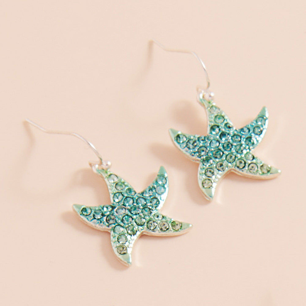 Multi, Silver Stone Paved Colored Metal Starfish Dangle Earrings