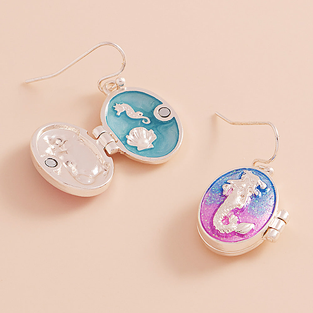 Madeline Love Purple Enamel Oval Mermaid Locket Dangle Earrings