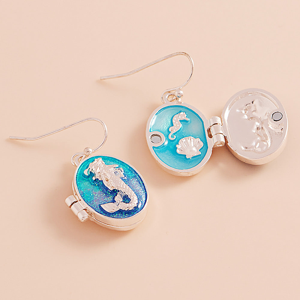 Madeline Love Turquoise Enamel Oval Mermaid Locket Dangle Earrings