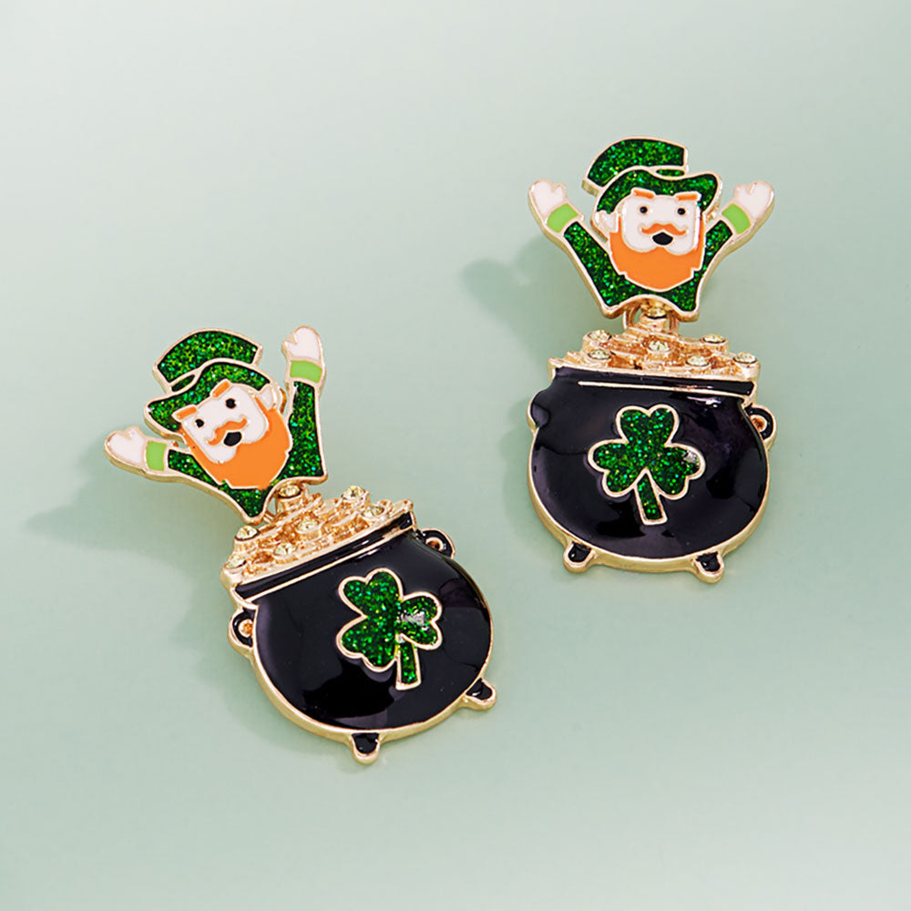 Madeline Love Gold Enamel Leprechaun Cauldron Charm Drop Earrings