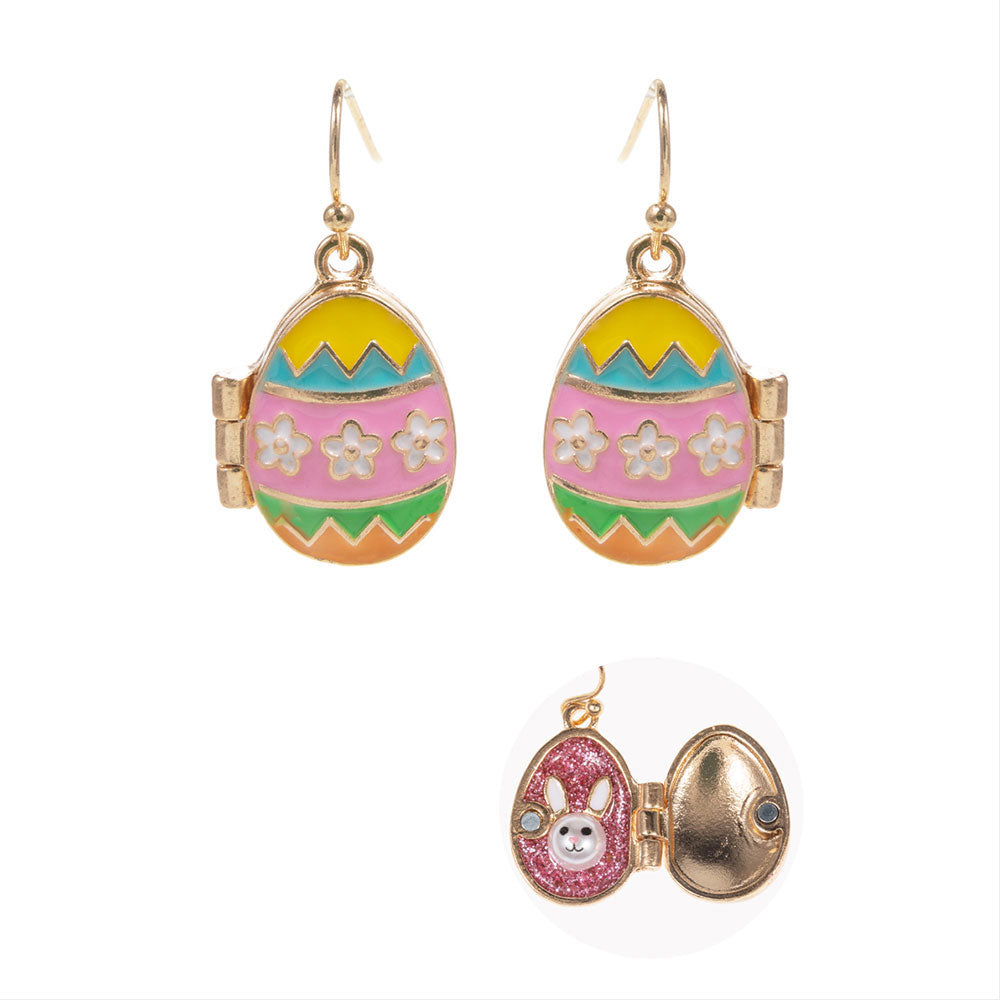 Madeline Love Multi Easter Bunny Face Inside Egg Locket Drop Dangle Earrings - desc