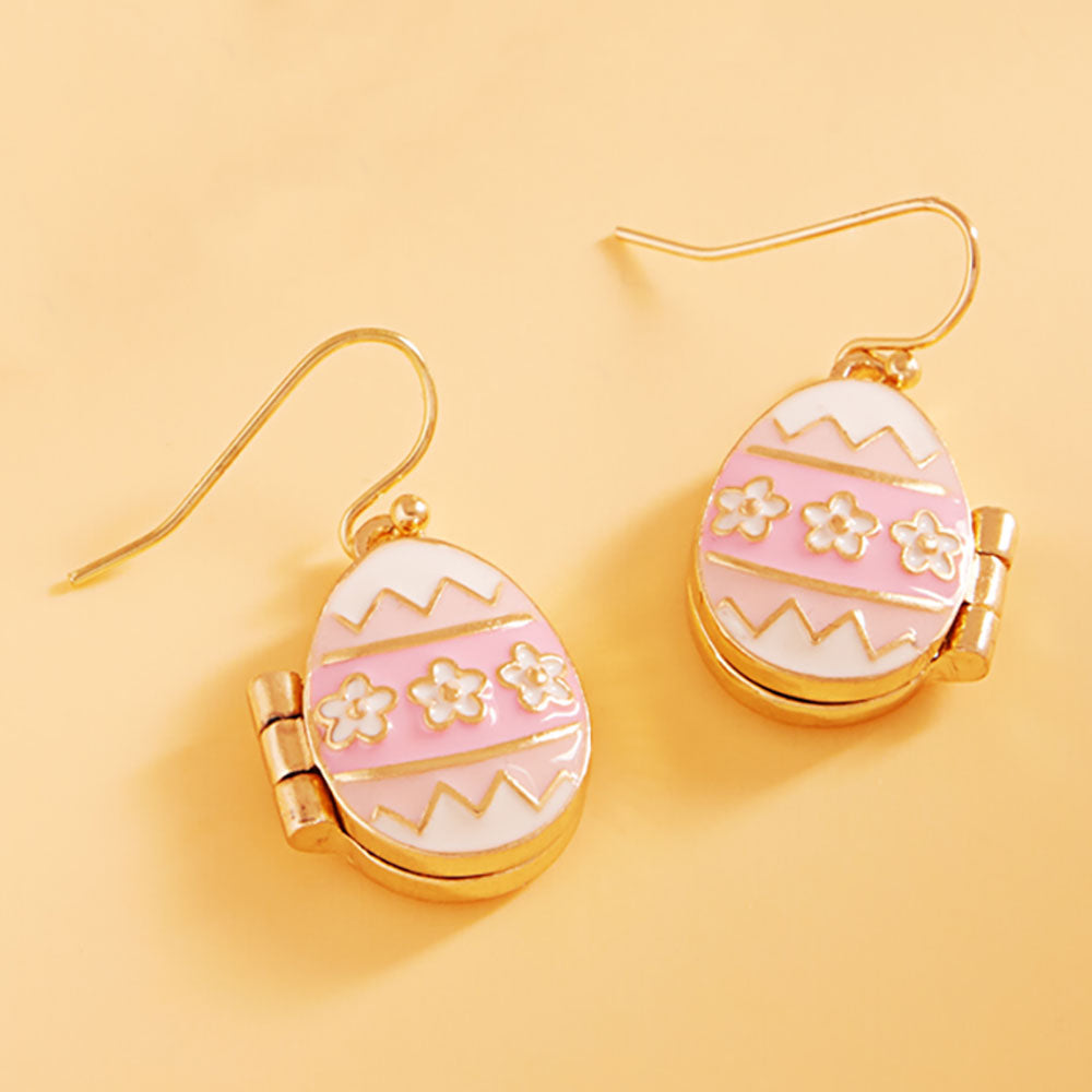 Madeline Love Pink Easter Bunny Face Inside Egg Locket Drop Dangle Earrings
