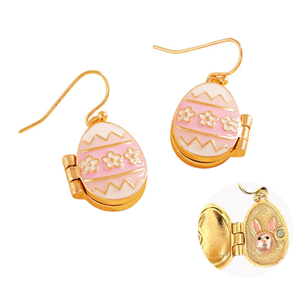Madeline Love Pink Easter Bunny Face Inside Egg Locket Drop Dangle Earrings - desc