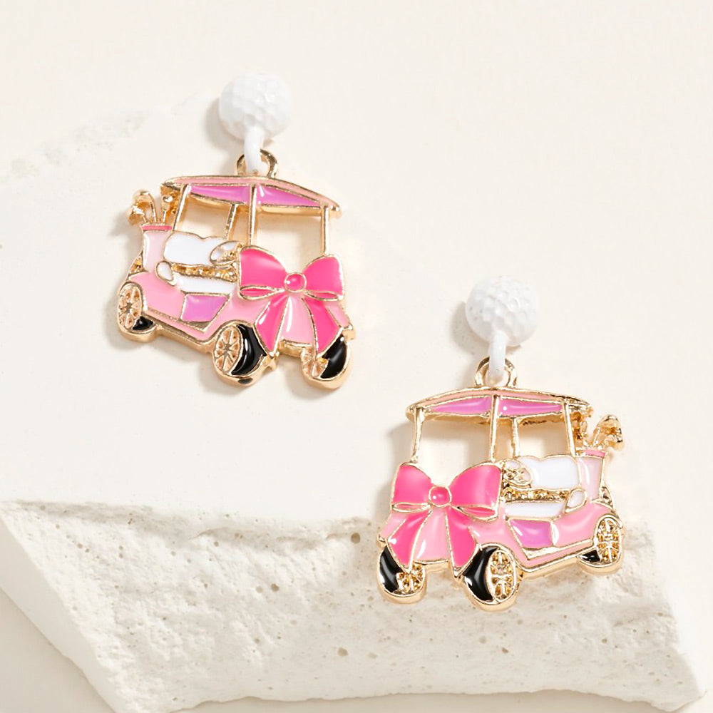 Madeline Love Pink Enamel Bow Accent Golf Cart Drop Dangle Earrings