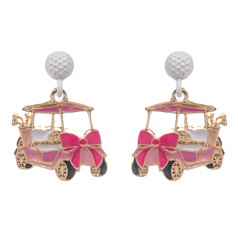 Madeline Love Pink Enamel Bow Accent Golf Cart Drop Dangle Earrings - desc