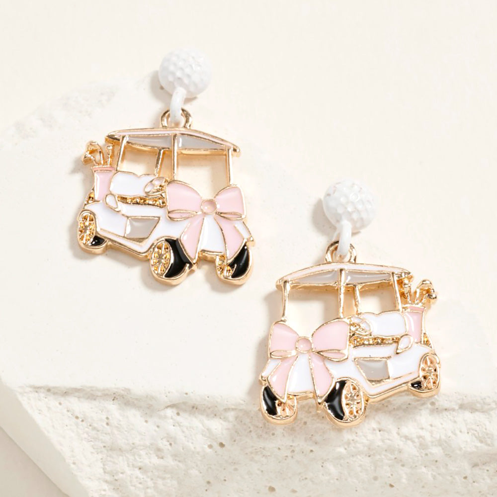 Madeline Love White Enamel Bow Accent Golf Cart Drop Dangle Earrings