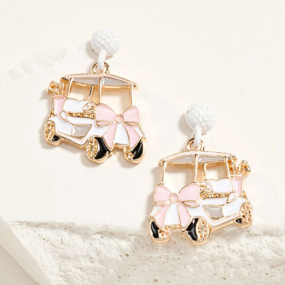 Madeline Love White Enamel Bow Accent Golf Cart Drop Dangle Earrings