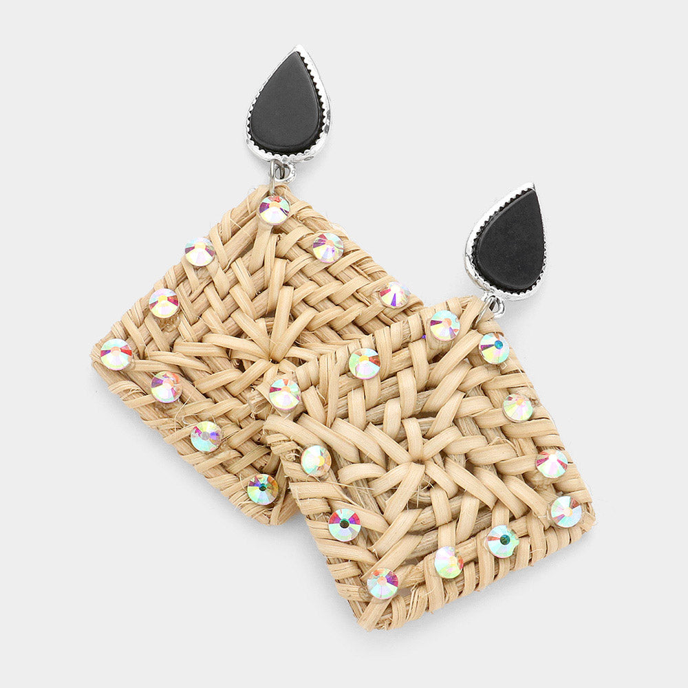 Madeline Love Black Teardrop Natural Stone Studded Woven Wood Square Link Dangle Earrings