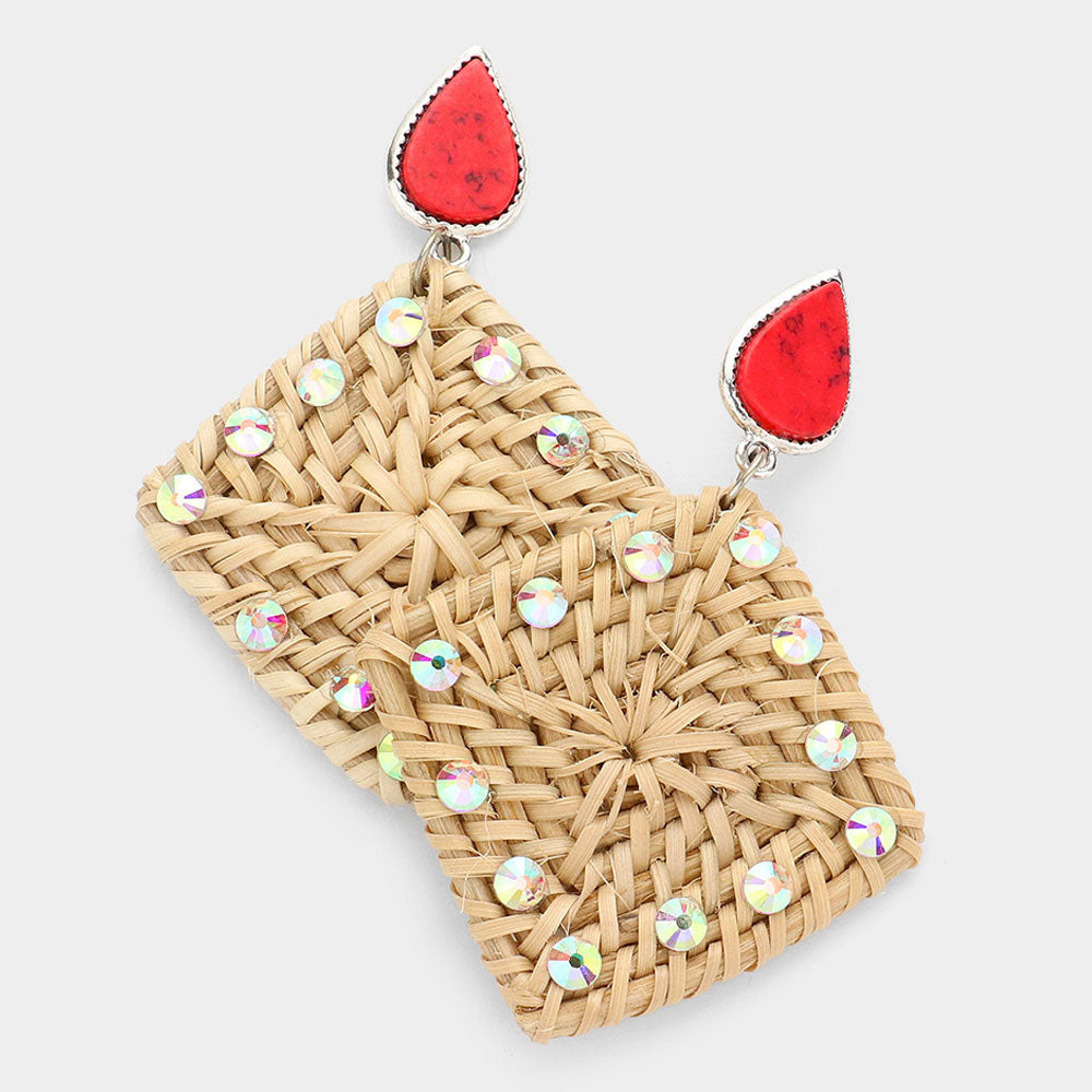 Madeline Love Coral Teardrop Natural Stone Studded Woven Wood Square Link Dangle Earrings