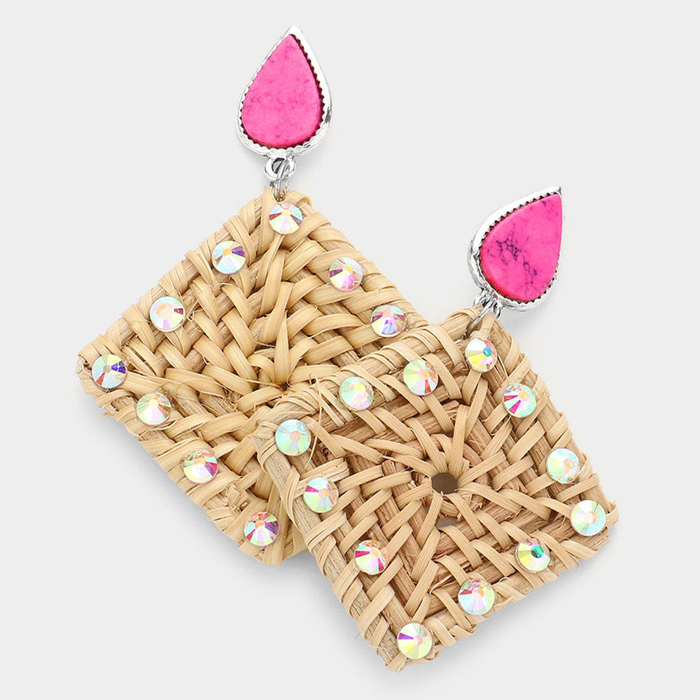 Madeline Love Pink Teardrop Natural Stone Studded Woven Wood Square Link Dangle Earrings