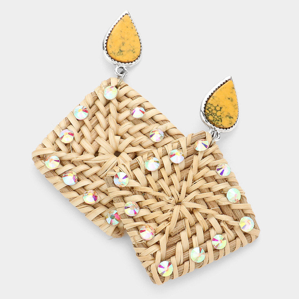 Madeline Love Yellow Teardrop Natural Stone Studded Woven Wood Square Link Dangle Earrings