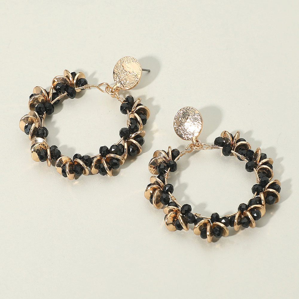 Madeline Love Black Metal Disc Faceted Beaded Open Ring Dangle Earrings