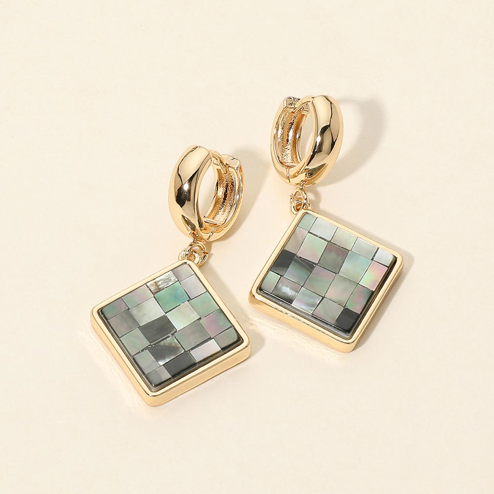Madeline Love Abalone Geometric Square Mosaic Tile Charm Drop Huggie Hoop Earrings