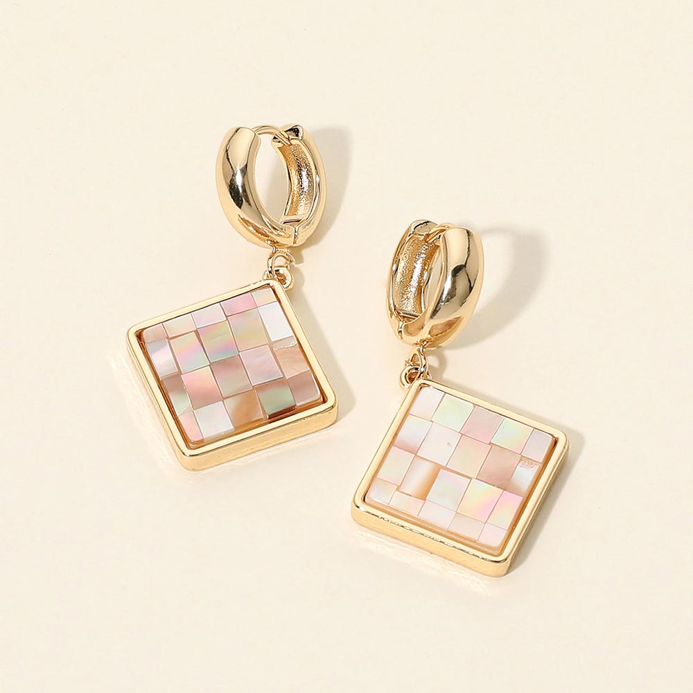 Madeline Love Gold, Pink Geometric Square Mosaic Tile Charm Drop Huggie Hoop Earrings