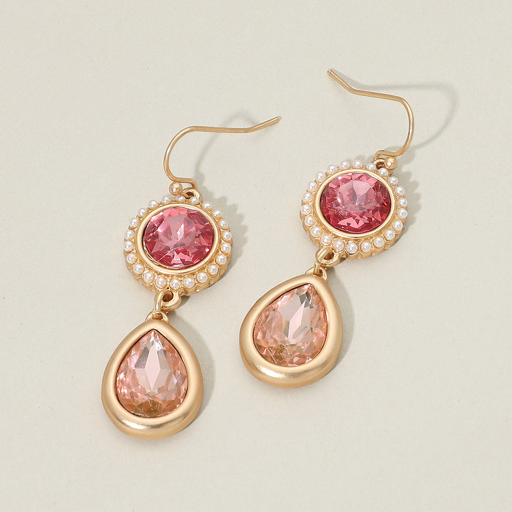 Madeline Love Pink Pearl Trim Round Stone Faceted Teardrop Cluster Link Drop Earrings