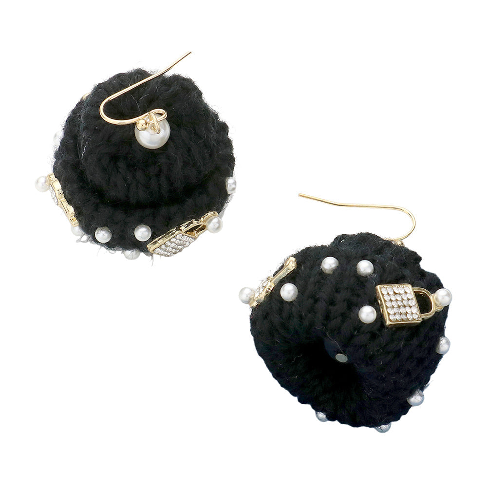 Pearl Key Lock Embellished Knit Beanie Hat Dangle Earrings