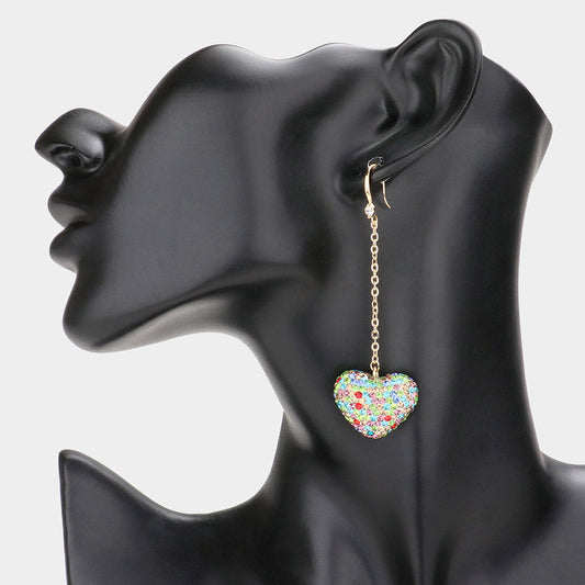 Dropped Rhinestone Pave Heart Dangle Earrings - Multi - Earrings