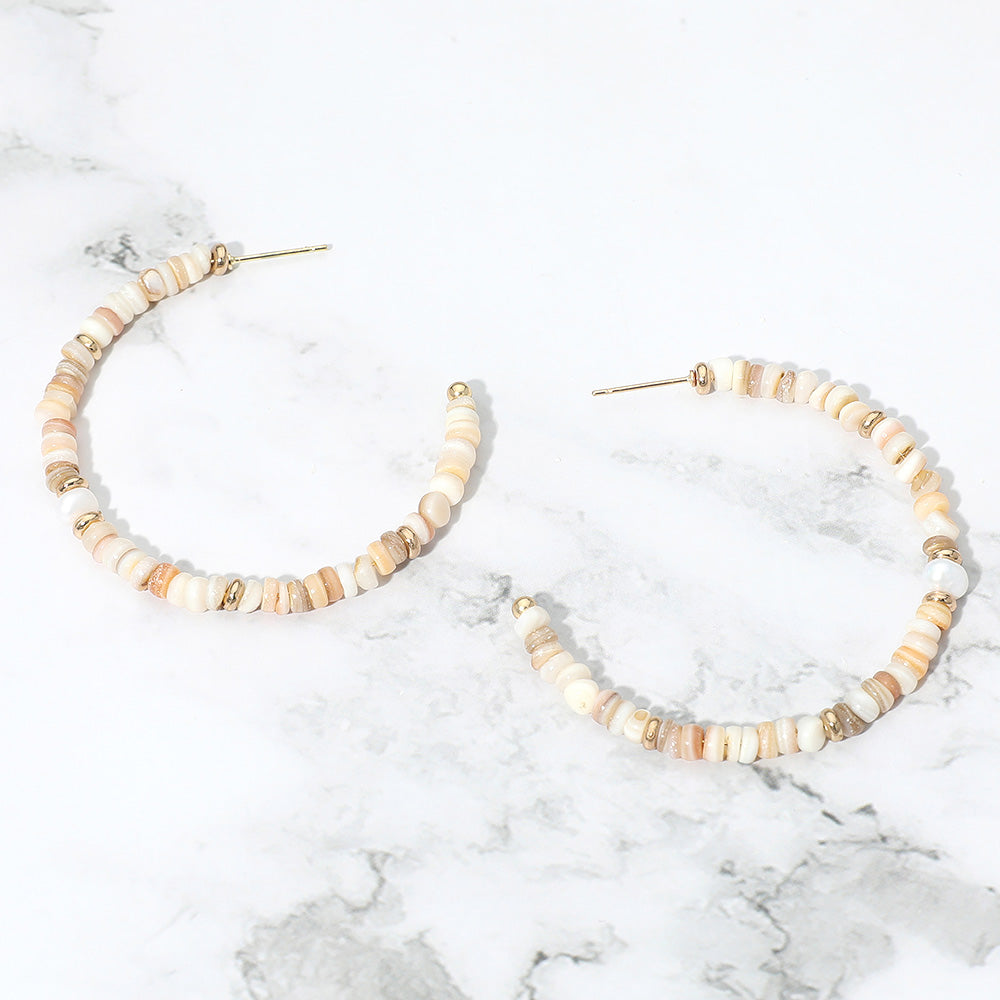 Madeline Love Brown, Gold Pearl Accent Beaded Open Hoop Earrings