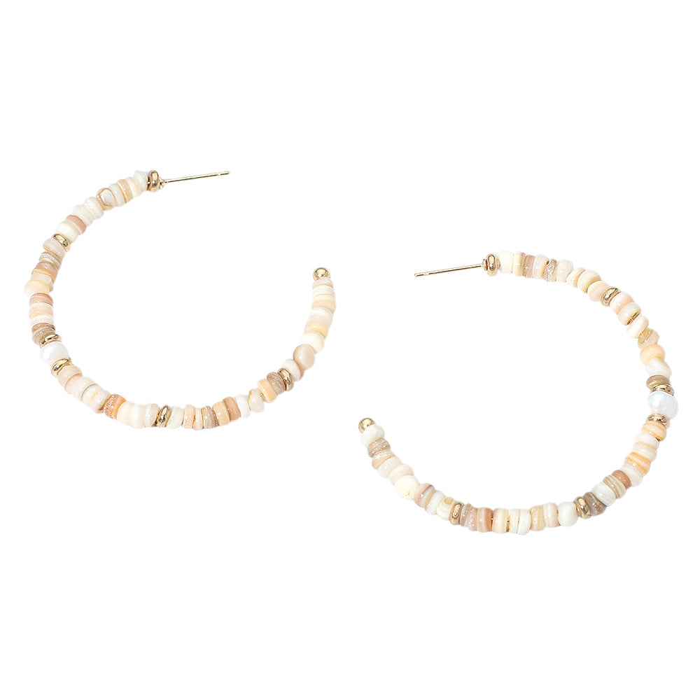 Madeline Love Brown, Gold Pearl Accent Beaded Open Hoop Earrings - desc