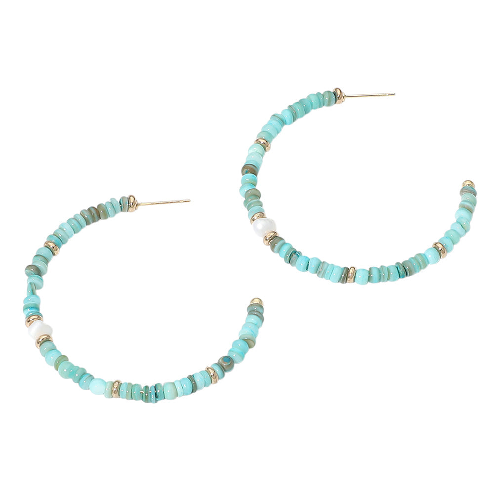 Madeline Love Gold, Turquoise Pearl Accent Beaded Open Hoop Earrings - desc