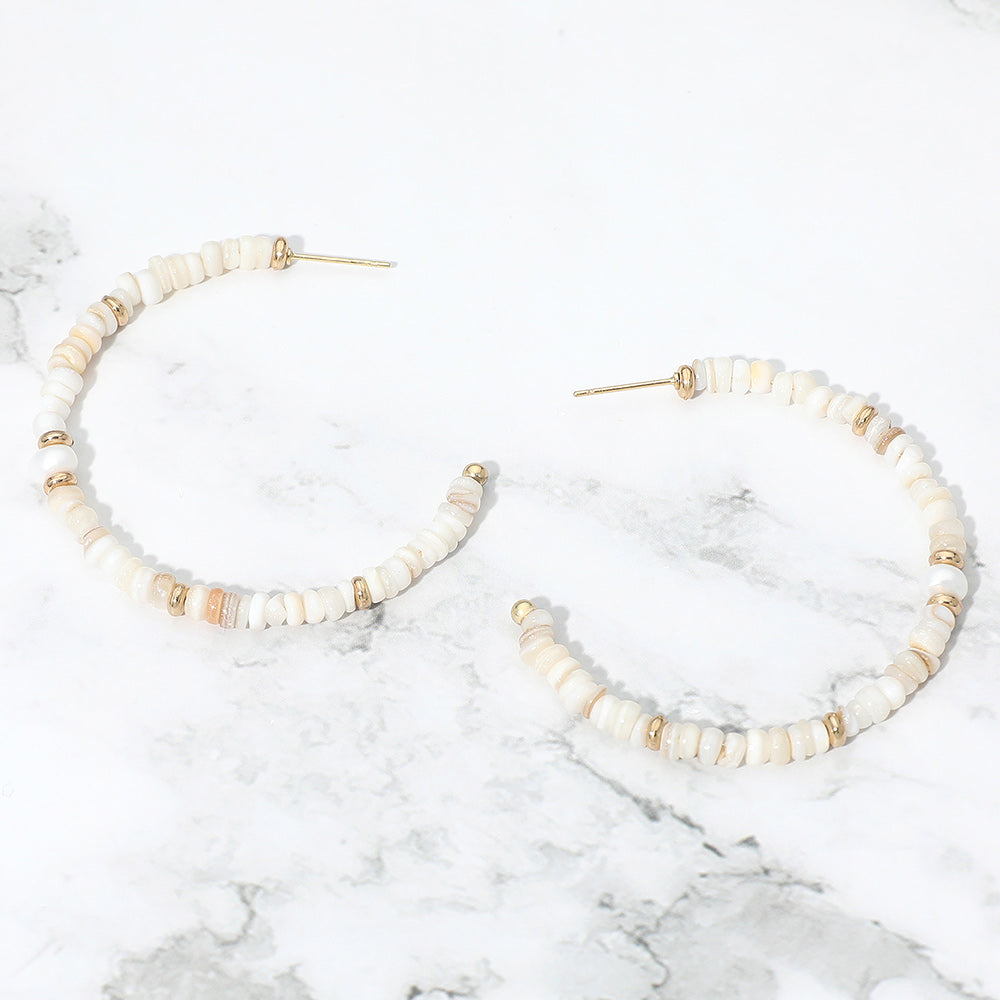 Madeline Love Gold, White Pearl Accent Beaded Open Hoop Earrings