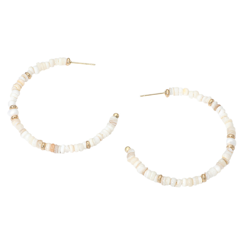 Madeline Love Gold, White Pearl Accent Beaded Open Hoop Earrings - desc